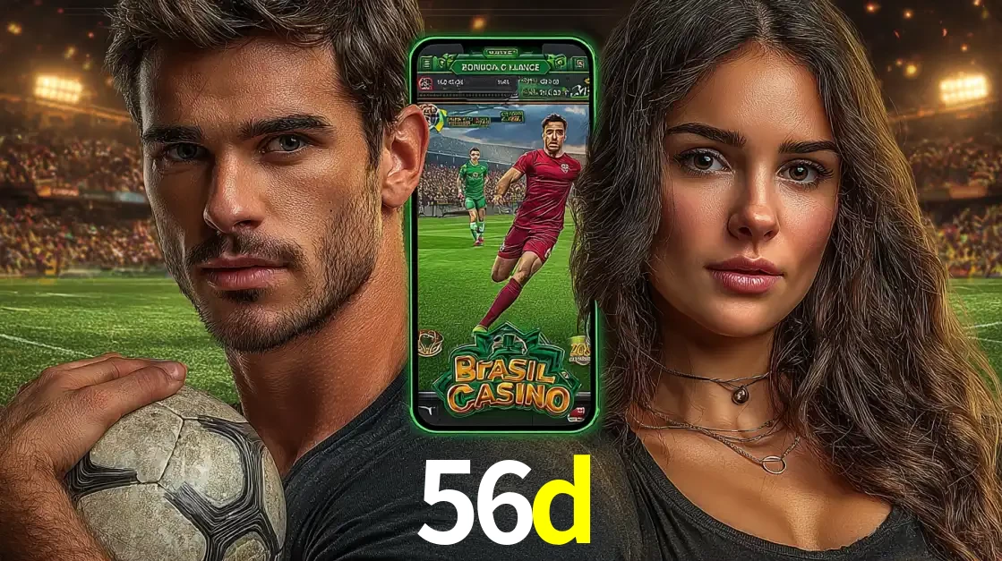 Homem segurando uma bola de futebol e uma mulher ao lado de um smartphone exibindo o jogo de apostas esportivas da 56d. Faça seu palpite no cassino online.